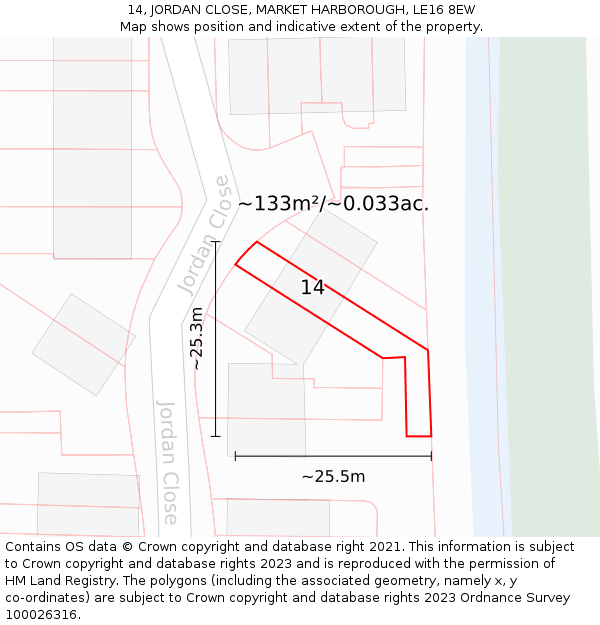14, JORDAN CLOSE, MARKET HARBOROUGH, LE16 8EW: Plot and title map