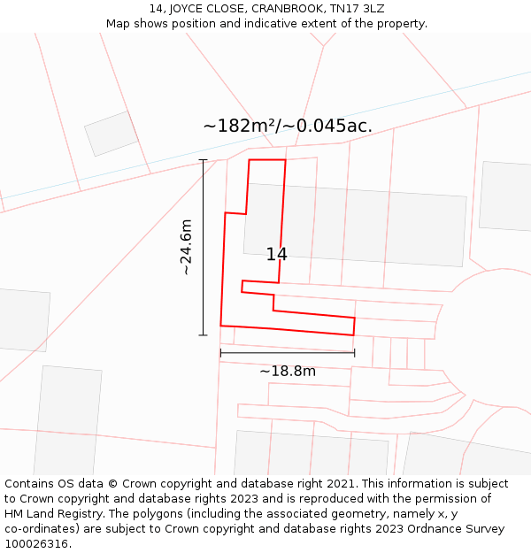 14, JOYCE CLOSE, CRANBROOK, TN17 3LZ: Plot and title map