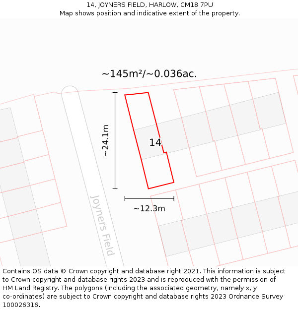 14, JOYNERS FIELD, HARLOW, CM18 7PU: Plot and title map