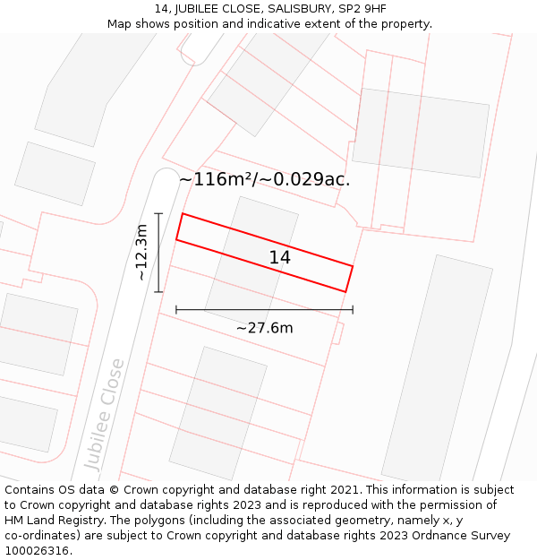 14, JUBILEE CLOSE, SALISBURY, SP2 9HF: Plot and title map