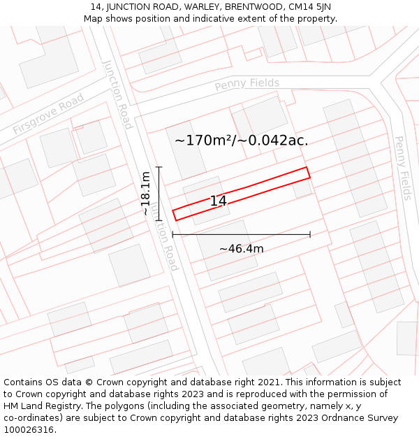 14, JUNCTION ROAD, WARLEY, BRENTWOOD, CM14 5JN: Plot and title map