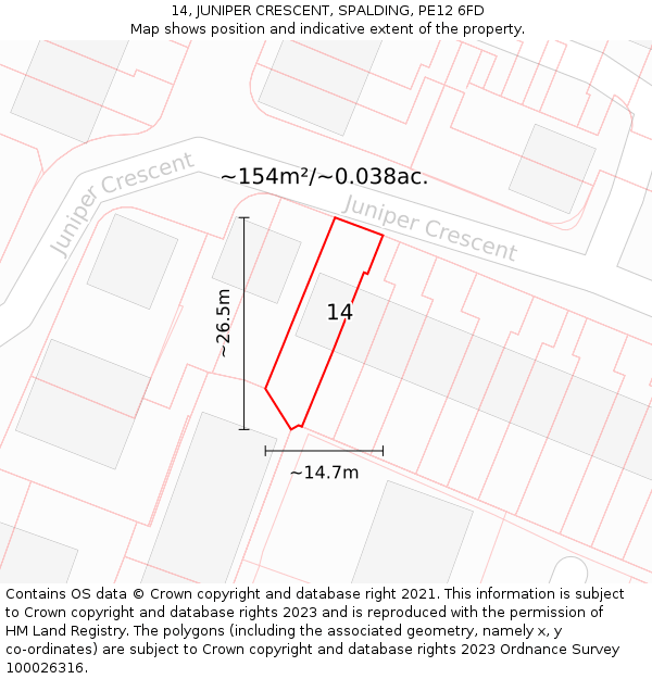14, JUNIPER CRESCENT, SPALDING, PE12 6FD: Plot and title map