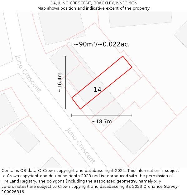 14, JUNO CRESCENT, BRACKLEY, NN13 6GN: Plot and title map