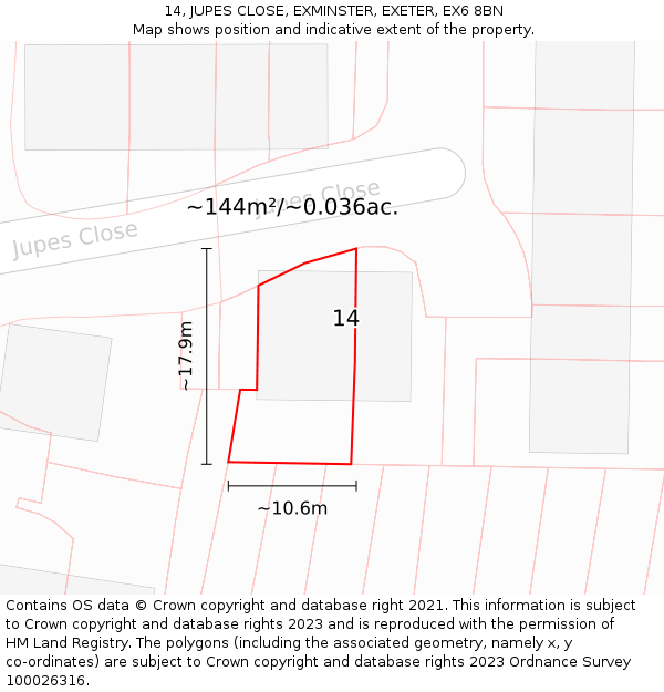 14, JUPES CLOSE, EXMINSTER, EXETER, EX6 8BN: Plot and title map