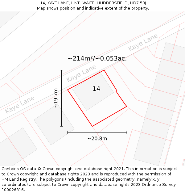 14, KAYE LANE, LINTHWAITE, HUDDERSFIELD, HD7 5RJ: Plot and title map