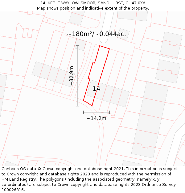14, KEBLE WAY, OWLSMOOR, SANDHURST, GU47 0XA: Plot and title map