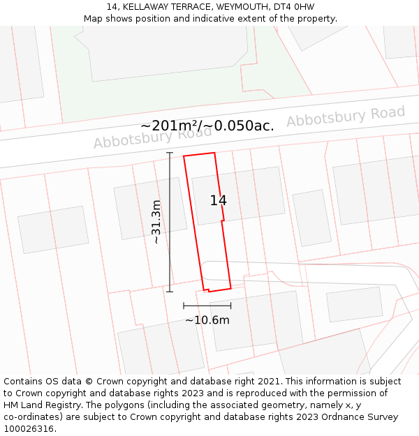 14, KELLAWAY TERRACE, WEYMOUTH, DT4 0HW: Plot and title map