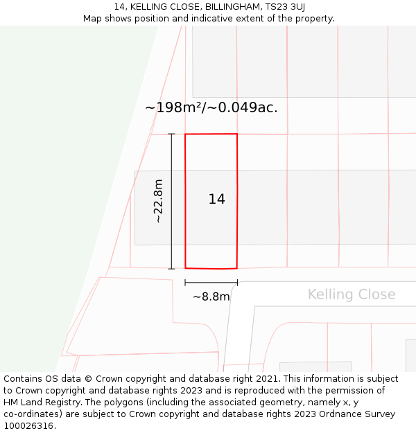 14, KELLING CLOSE, BILLINGHAM, TS23 3UJ: Plot and title map