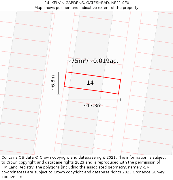 14, KELVIN GARDENS, GATESHEAD, NE11 9EX: Plot and title map