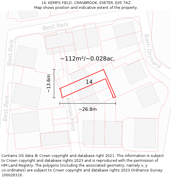 14, KEMPS FIELD, CRANBROOK, EXETER, EX5 7AZ: Plot and title map