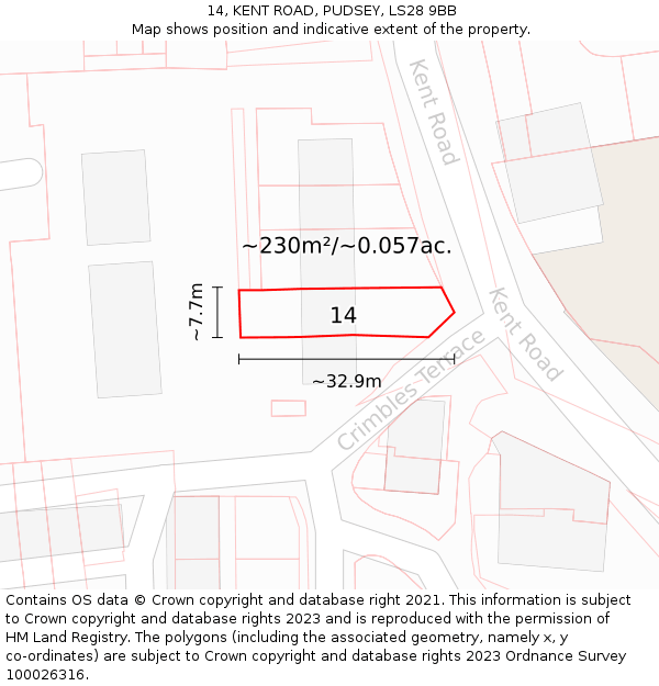14, KENT ROAD, PUDSEY, LS28 9BB: Plot and title map