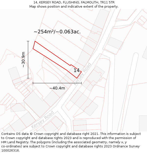 14, KERSEY ROAD, FLUSHING, FALMOUTH, TR11 5TR: Plot and title map