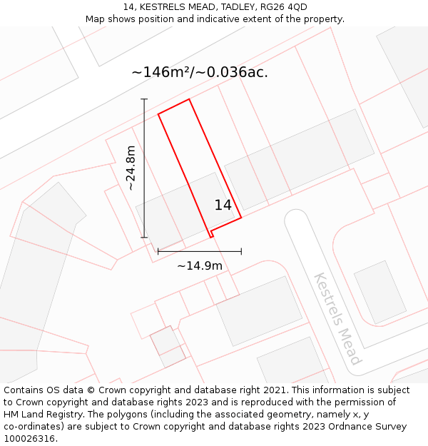 14, KESTRELS MEAD, TADLEY, RG26 4QD: Plot and title map