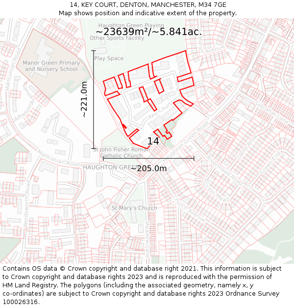 14, KEY COURT, DENTON, MANCHESTER, M34 7GE: Plot and title map