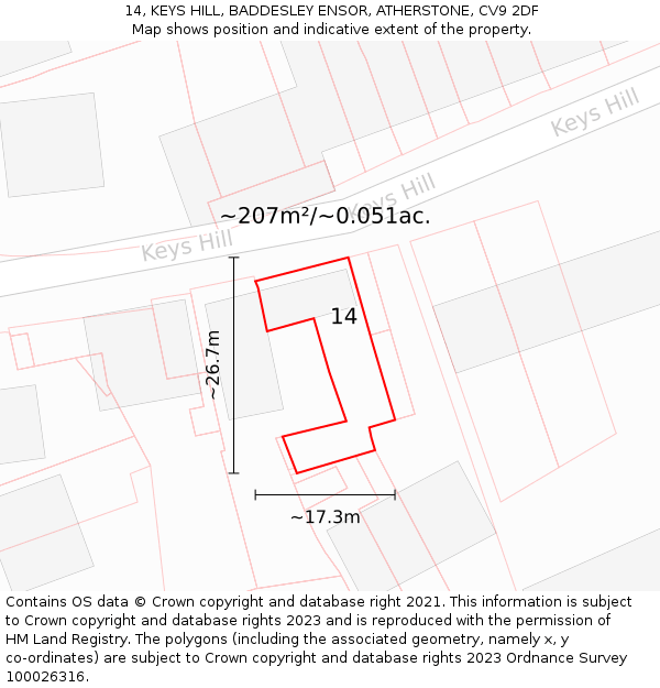 14, KEYS HILL, BADDESLEY ENSOR, ATHERSTONE, CV9 2DF: Plot and title map