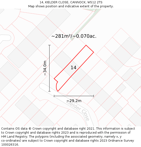 14, KIELDER CLOSE, CANNOCK, WS12 2TS: Plot and title map