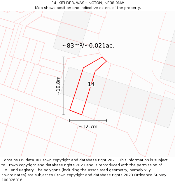 14, KIELDER, WASHINGTON, NE38 0NW: Plot and title map