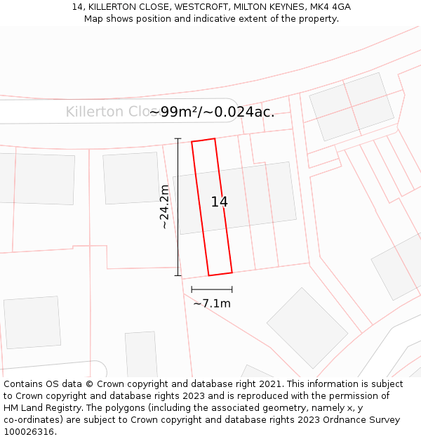14, KILLERTON CLOSE, WESTCROFT, MILTON KEYNES, MK4 4GA: Plot and title map