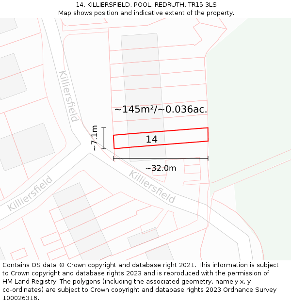 14, KILLIERSFIELD, POOL, REDRUTH, TR15 3LS: Plot and title map