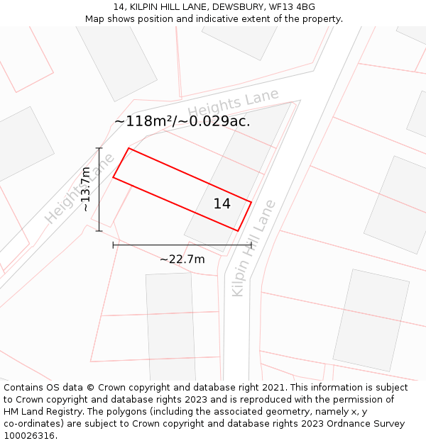 14, KILPIN HILL LANE, DEWSBURY, WF13 4BG: Plot and title map