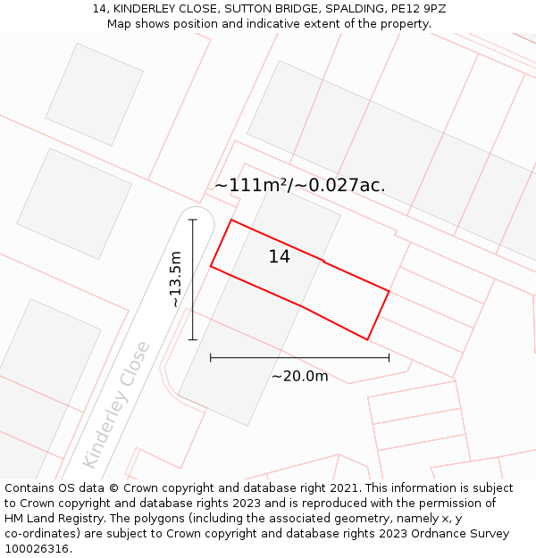 14, KINDERLEY CLOSE, SUTTON BRIDGE, SPALDING, PE12 9PZ: Plot and title map