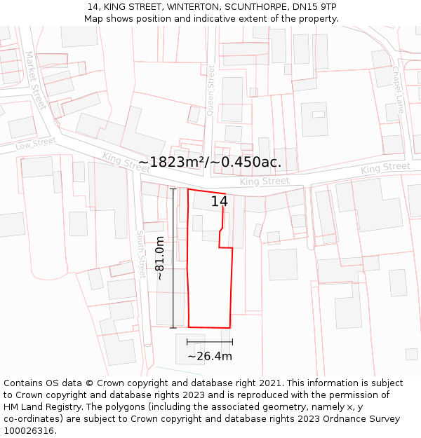 14, KING STREET, WINTERTON, SCUNTHORPE, DN15 9TP: Plot and title map