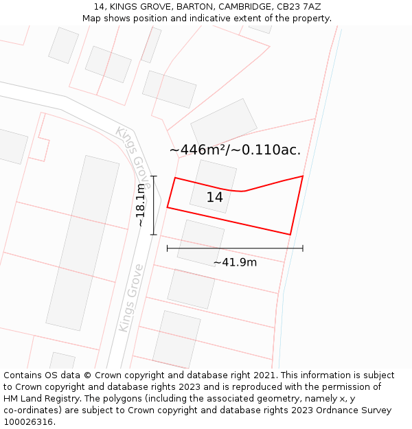 14, KINGS GROVE, BARTON, CAMBRIDGE, CB23 7AZ: Plot and title map