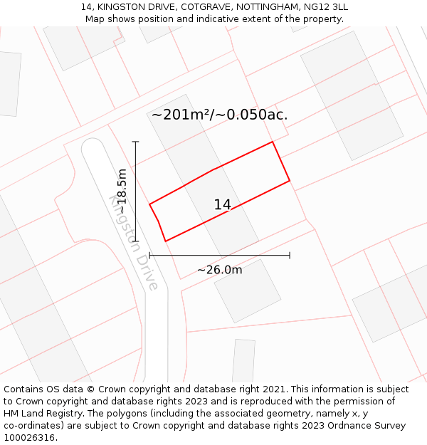 14, KINGSTON DRIVE, COTGRAVE, NOTTINGHAM, NG12 3LL: Plot and title map