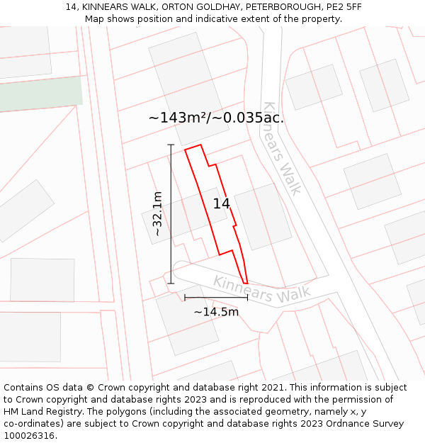 14, KINNEARS WALK, ORTON GOLDHAY, PETERBOROUGH, PE2 5FF: Plot and title map
