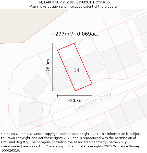 14, LABURNUM CLOSE, WEYMOUTH, DT4 9UQ: Plot and title map