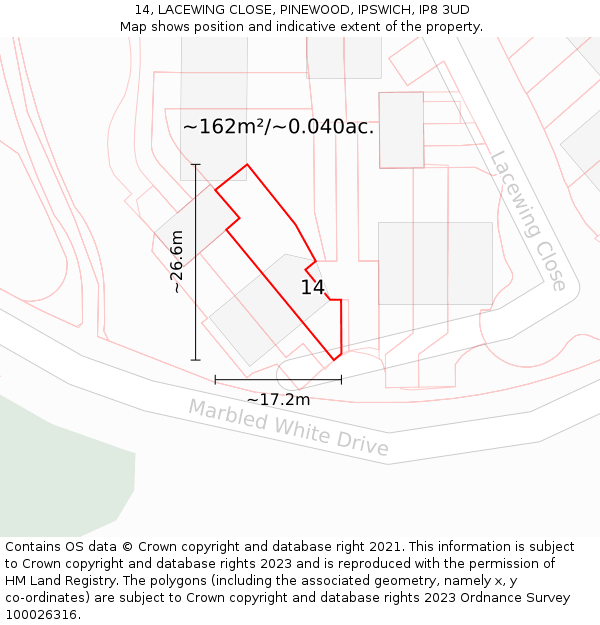 14, LACEWING CLOSE, PINEWOOD, IPSWICH, IP8 3UD: Plot and title map