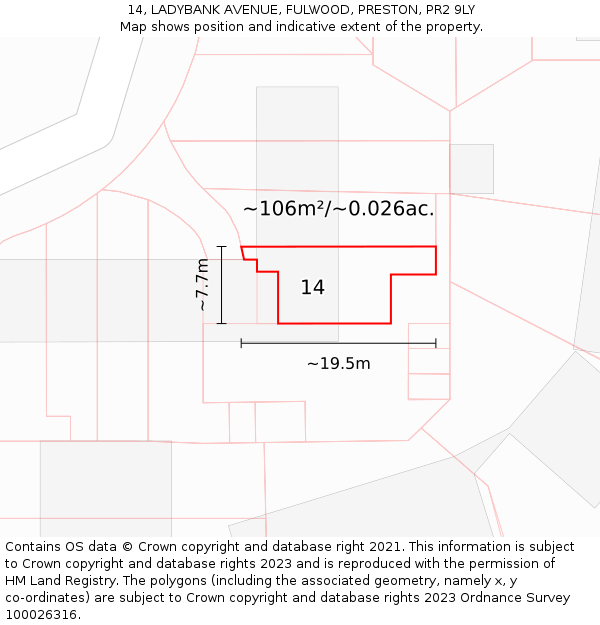 14, LADYBANK AVENUE, FULWOOD, PRESTON, PR2 9LY: Plot and title map