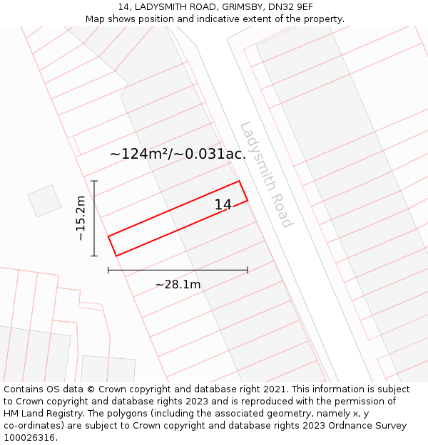 14, LADYSMITH ROAD, GRIMSBY, DN32 9EF: Plot and title map