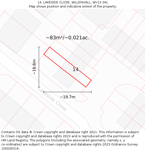 14, LAKESIDE CLOSE, WILLENHALL, WV13 3AL: Plot and title map