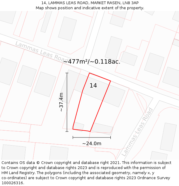 14, LAMMAS LEAS ROAD, MARKET RASEN, LN8 3AP: Plot and title map