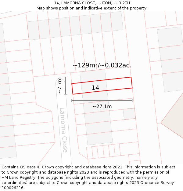 14, LAMORNA CLOSE, LUTON, LU3 2TH: Plot and title map