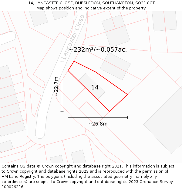 14, LANCASTER CLOSE, BURSLEDON, SOUTHAMPTON, SO31 8GT: Plot and title map