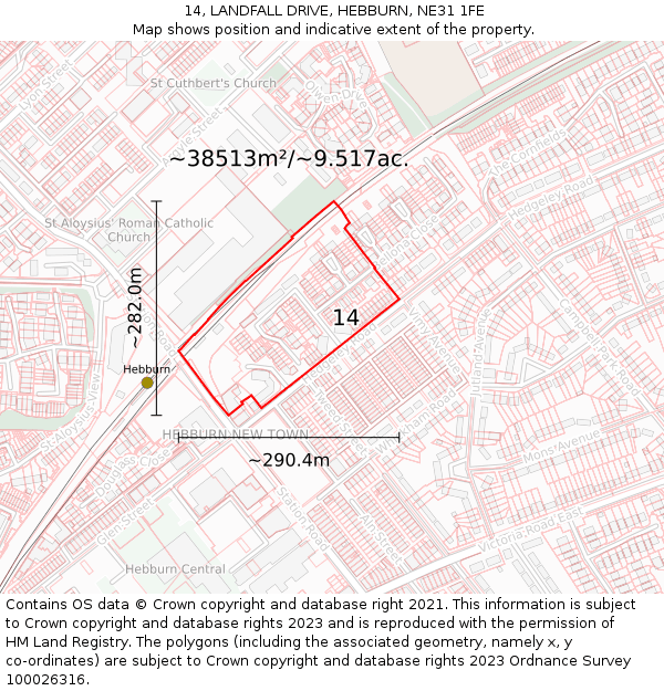 14, LANDFALL DRIVE, HEBBURN, NE31 1FE: Plot and title map