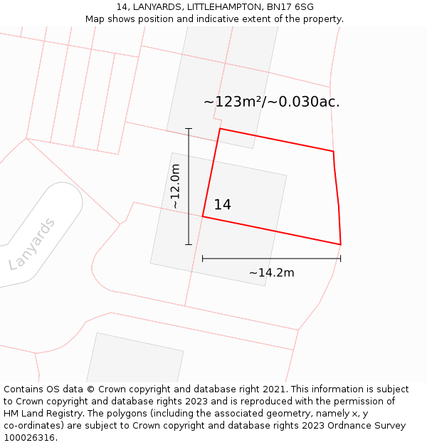 14, LANYARDS, LITTLEHAMPTON, BN17 6SG: Plot and title map
