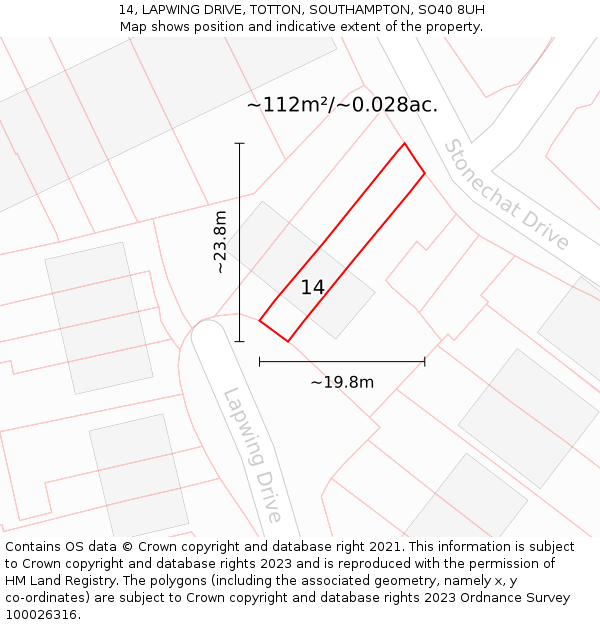 14, LAPWING DRIVE, TOTTON, SOUTHAMPTON, SO40 8UH: Plot and title map