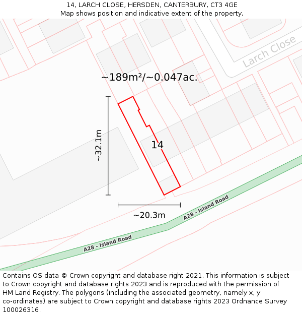 14, LARCH CLOSE, HERSDEN, CANTERBURY, CT3 4GE: Plot and title map