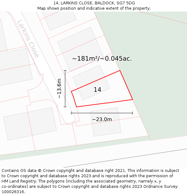 14, LARKINS CLOSE, BALDOCK, SG7 5DG: Plot and title map