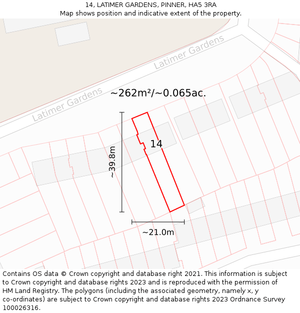 14, LATIMER GARDENS, PINNER, HA5 3RA: Plot and title map