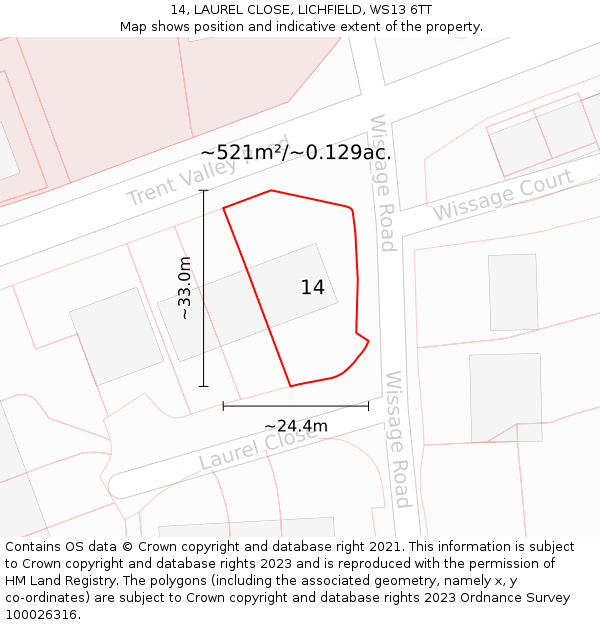 14, LAUREL CLOSE, LICHFIELD, WS13 6TT: Plot and title map