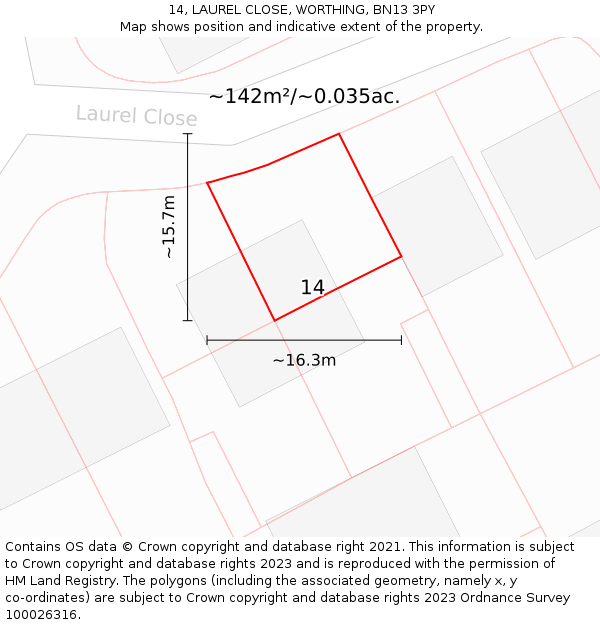 14, LAUREL CLOSE, WORTHING, BN13 3PY: Plot and title map