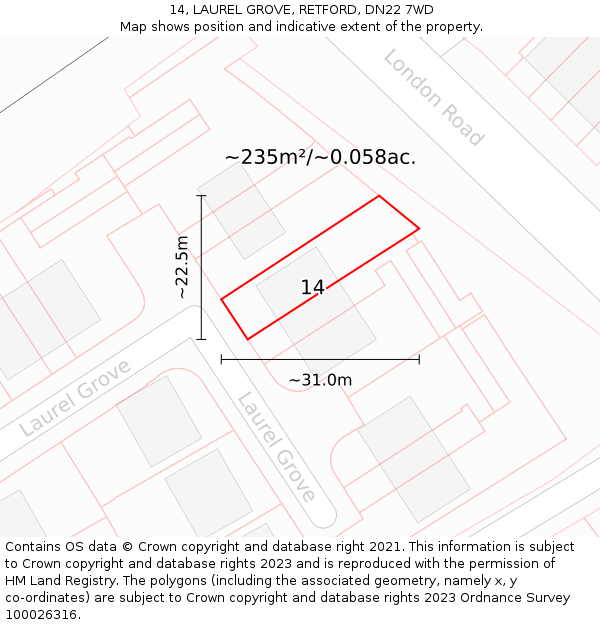 14, LAUREL GROVE, RETFORD, DN22 7WD: Plot and title map