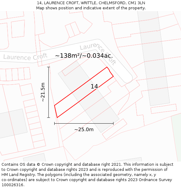 14, LAURENCE CROFT, WRITTLE, CHELMSFORD, CM1 3LN: Plot and title map