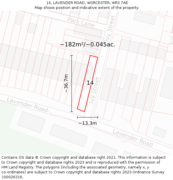 14, LAVENDER ROAD, WORCESTER, WR3 7AE: Plot and title map