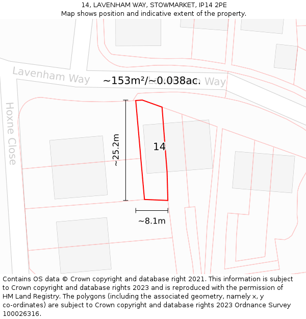 14, LAVENHAM WAY, STOWMARKET, IP14 2PE: Plot and title map