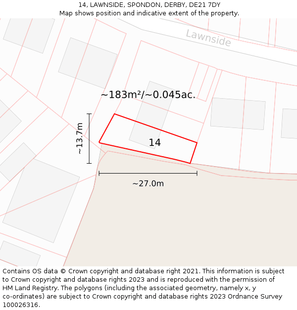 14, LAWNSIDE, SPONDON, DERBY, DE21 7DY: Plot and title map